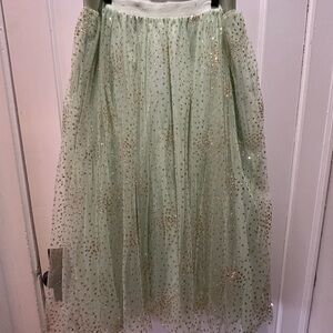 Anthropologie Mint Green Tulle Skirt with Gold Sparkle